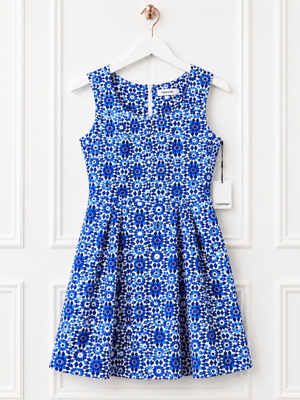 NWT Calvin Klein $129 Womens 14 Large Blue White Kaleidoscope Print A Line Dress